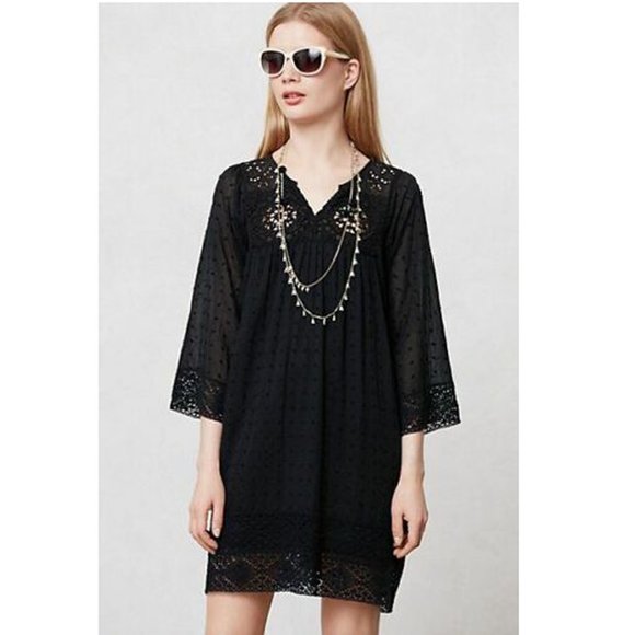 Anthropologie Dresses & Skirts - Anthropologie Devon Swing Embroidered Mini Dress Lace Cotton Black XS New